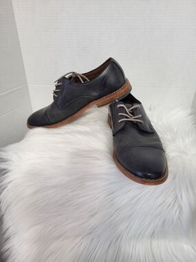 Call It Spring Black Leather Derby Shoes with Brown Sole, Size 7.5